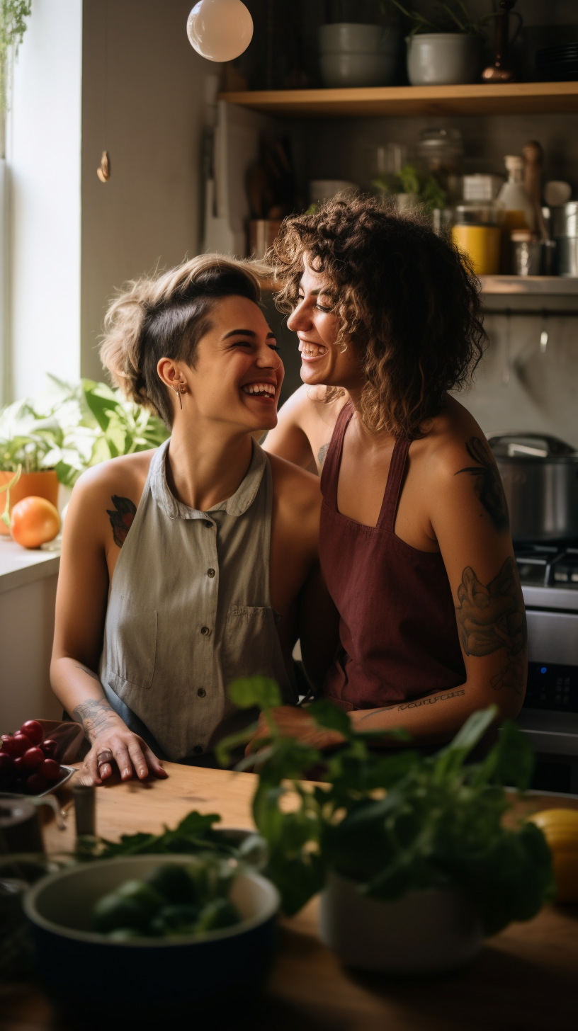 Joyful queer couple sharing a laugh in a cozy kitchen setting, celebrating romantic moments and LGBTQ+ relationship happiness - Light Side Wellness Co.