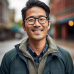 Smiling Asian man with glasses looking confidently at the camera, exuding positivity and mental well-being in a natural setting - Light Side Wellness Co.